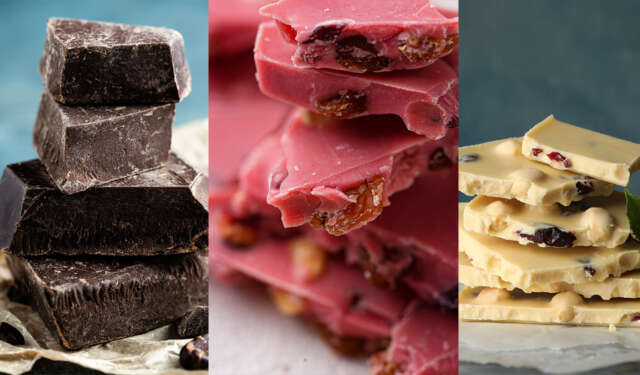 Chocolates de colores oscuro blanco y rubí Chocolates de colores oscuro blanco y rubí